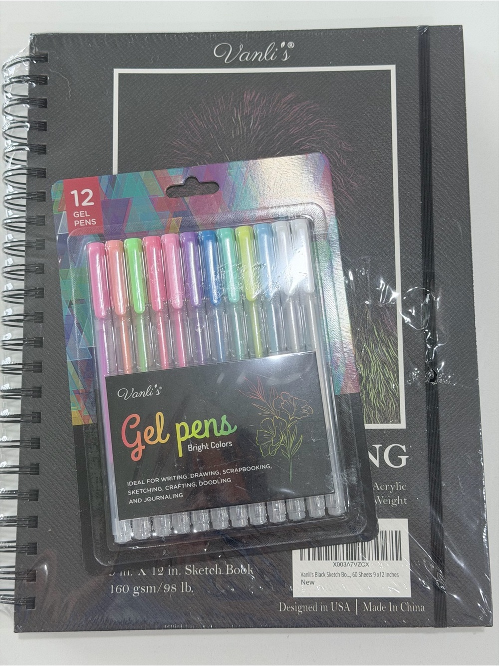 Vaneli Black Sketch Book with Assorted Gel Pens